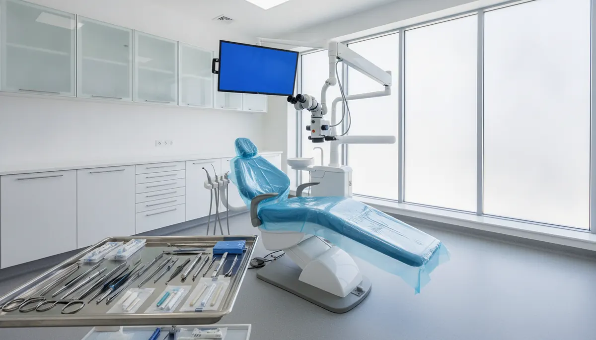 Cabinet de chirurgie orală din Iași pregătit pentru o apicoectomie, cu microscop dentar și instrumentar chirurgical steril pe câmp