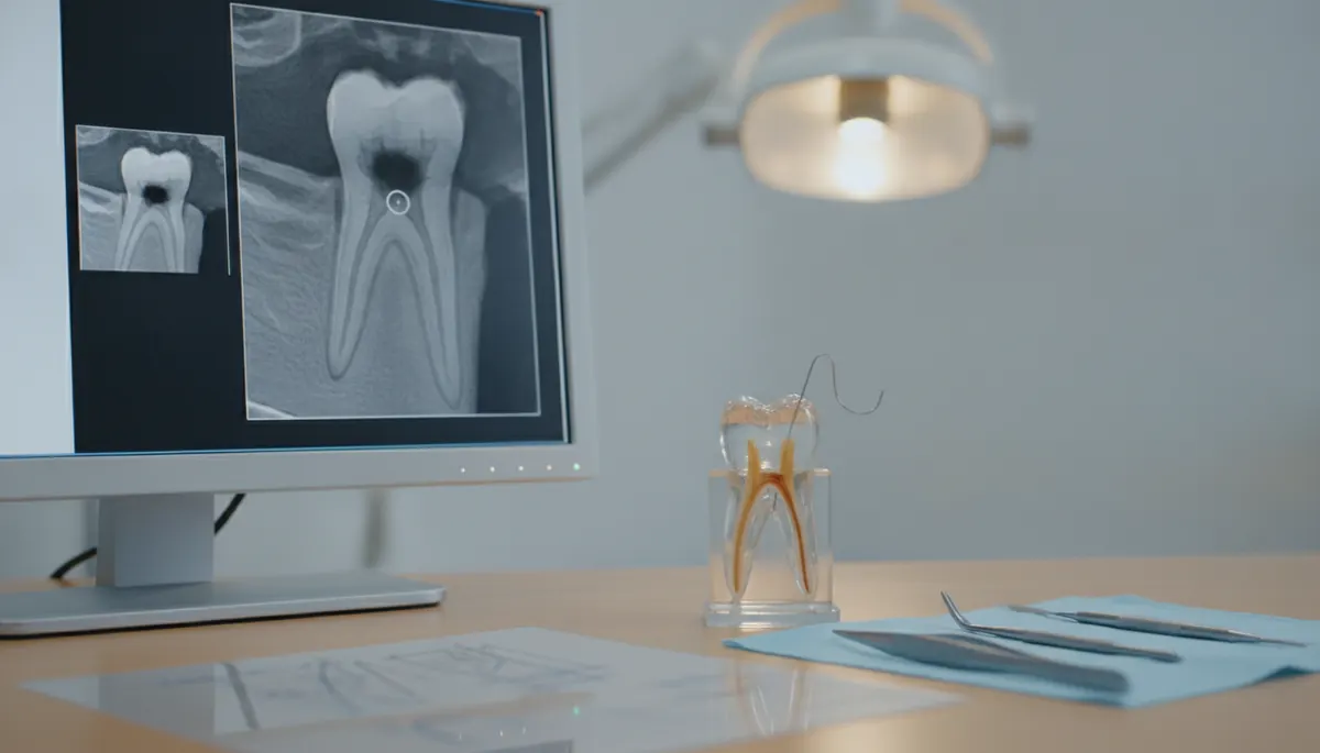 Radiografie dentară și model al rădăcinii unui dinte, folosite pentru a explica rezecția apicală înainte de operație