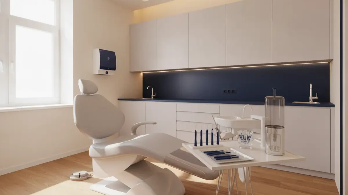 Ață dentară și instrumentar de igienă interdentară pregătite pe masa de consultație într-un cabinet stomatologic modern din Iași, cu lumină naturală
