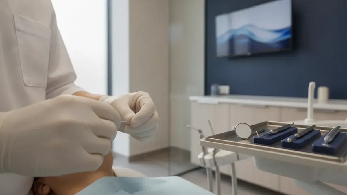 Demonstrație a tehnicii corecte cu ața dentară pe un model dentar, firul curbat în formă de C în jurul dintelui, la Anghele Dental Iași