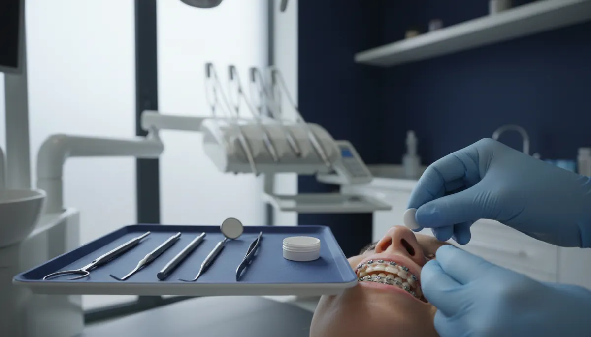 Ilustrație generică: aparat dentar fix cu ceară ortodontică pe o porțiune care freacă