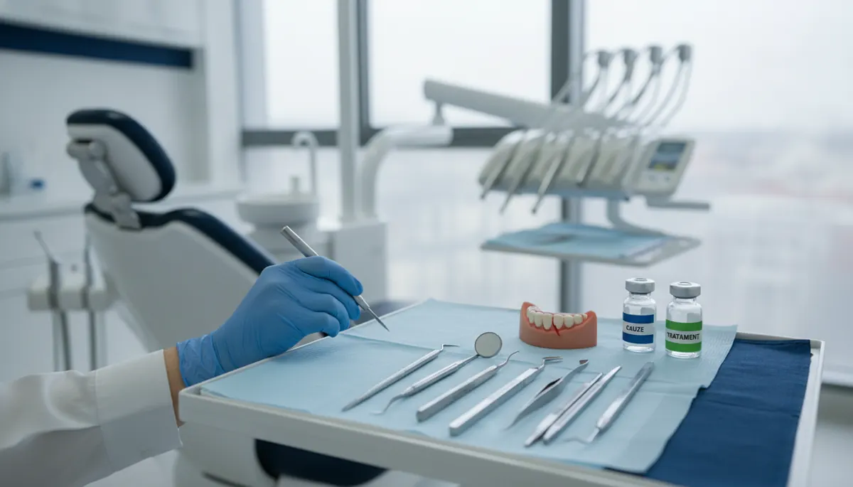 Cremă barieră, oglindă dentară și model anatomic al gurii folosite în evaluarea rănilor din colțul gurii la Anghele Dental Iași