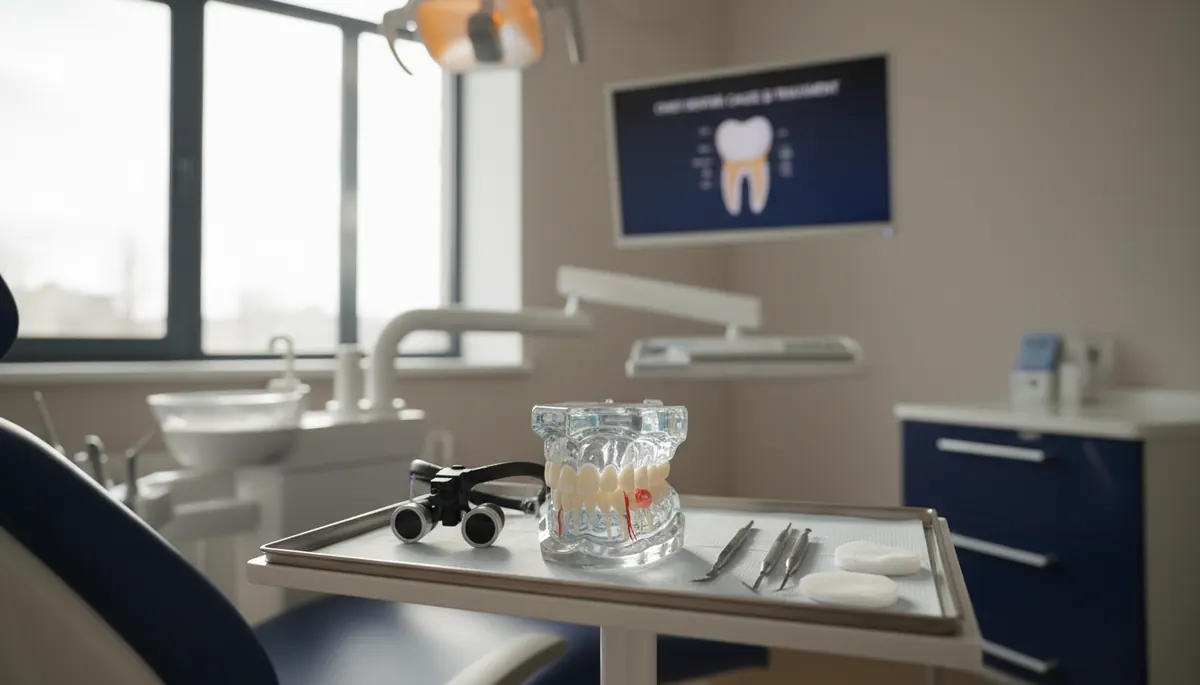 Mulaj dentar si instrumentar stomatologic pe o tava, pe blatul unui cabinet, ilustratie generata AI