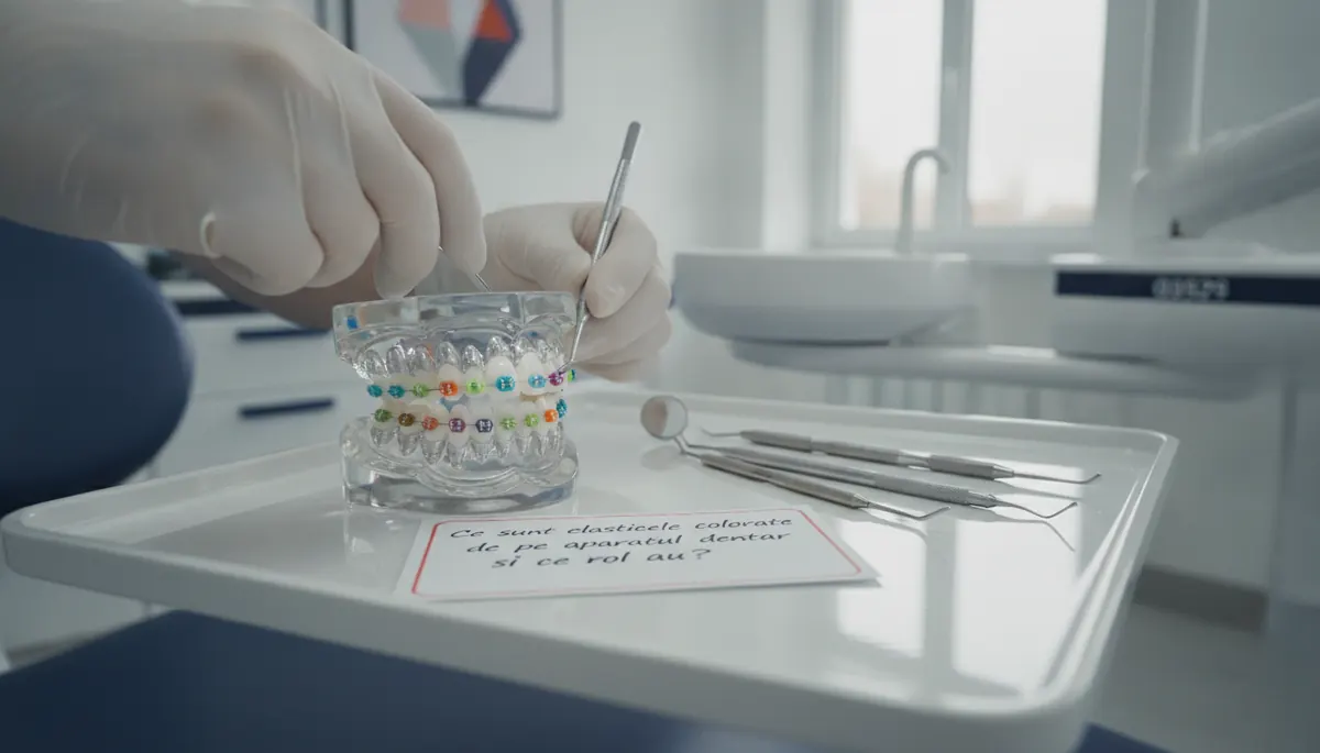 Ligaturi elastice colorate montate pe bracketurile unui aparat dentar fix 