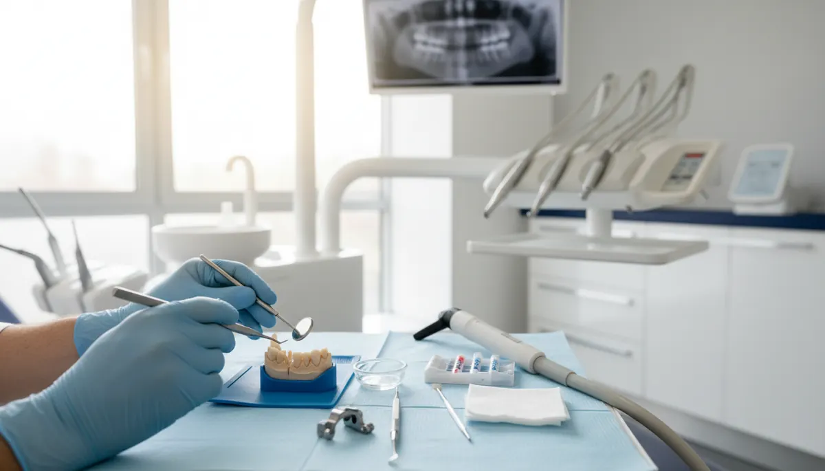 Medic stomatolog examinând un dinte fracturat pe radiografie în cabinet