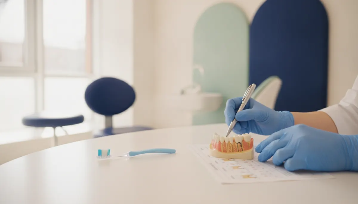 Model de dinti de lapte, periuta pentru copii si schema eruptiei dentare pe un birou de cabinet stomatologic Iasi