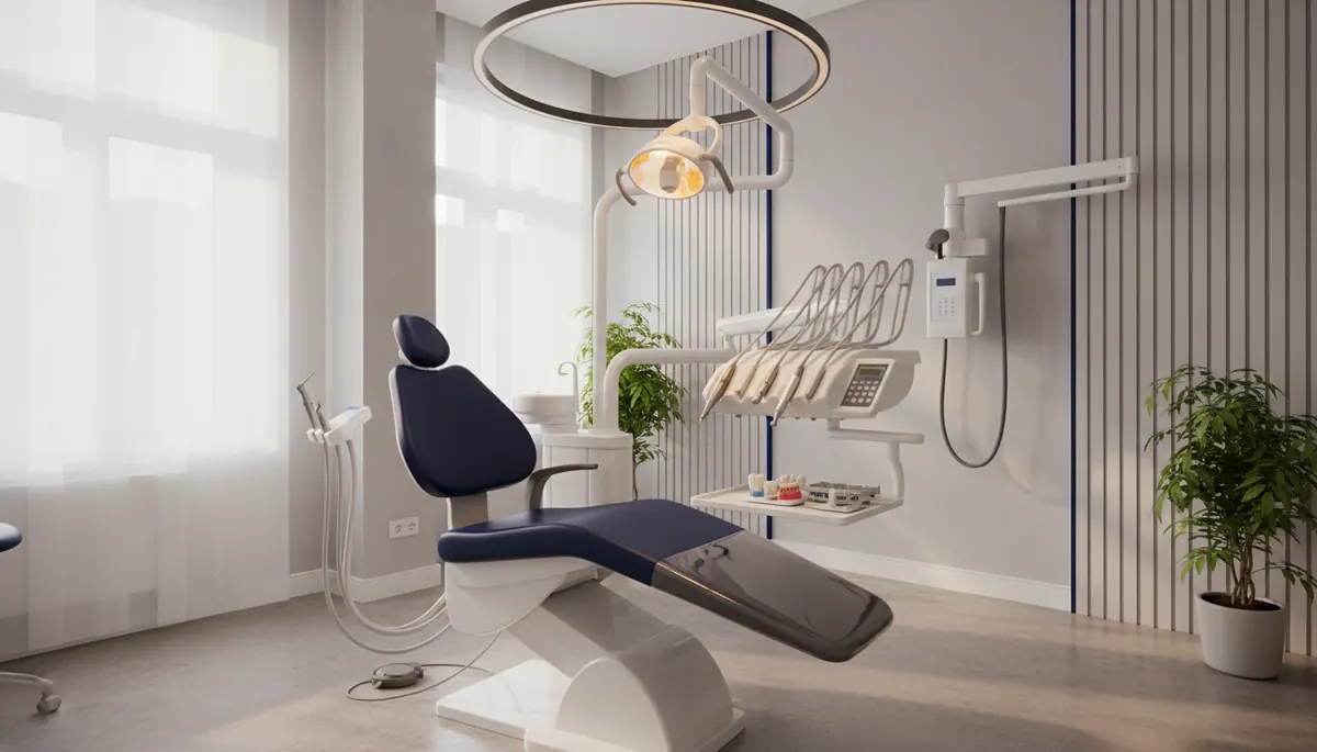 Cabinet stomatologic modern din Iași pregătit pentru evaluarea dinților supranumerari, cu radiografie panoramică pe ecran și instrumentar pe unitul dentar