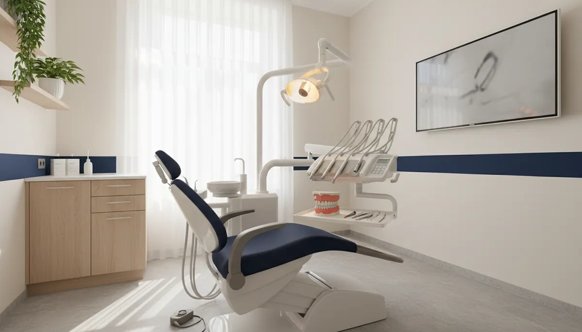 Cabinet stomatologic cu lumină naturală, pregătit pentru evaluarea unei leziuni a gingiei