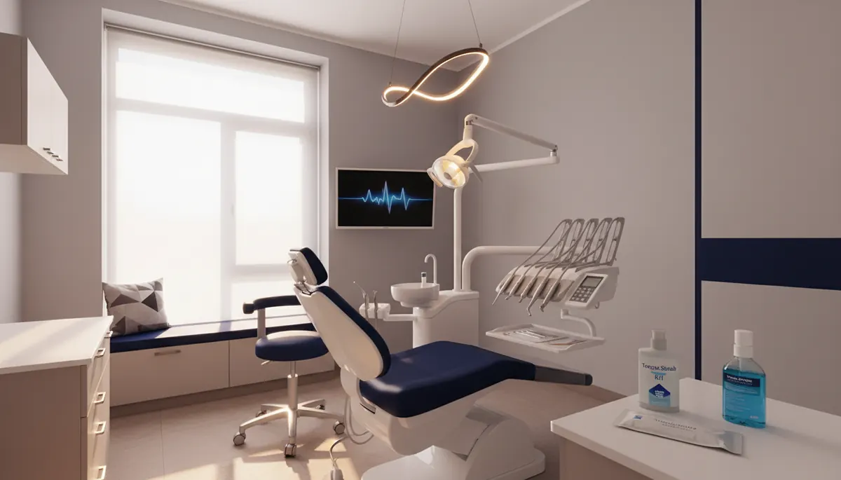 Cabinet stomatologic modern din Iași pregătit pentru consultația unei limbi inflamate, cu lumină naturală și instrumentar clinic