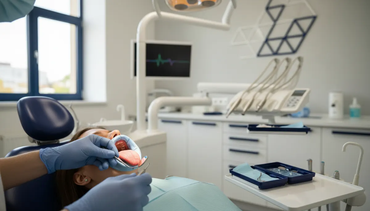 Oglindă dentară și model anatomic al cavității bucale folosite în evaluarea unei glosite la Anghele Dental Iași