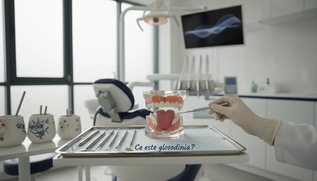 Trusă de consultație stomatologică pe un birou, folosită la evaluarea senzației de arsură din gură