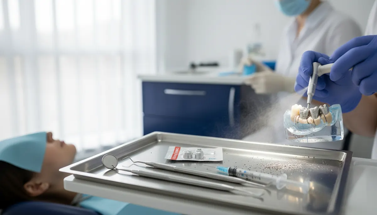 Detaliu clinic de instrumentar stomatologic folosit la evaluarea gingiilor și a mucoasei orale