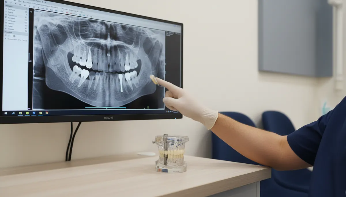 Medic analizând o radiografie panoramică dentară pe monitor, lângă un model de implant 