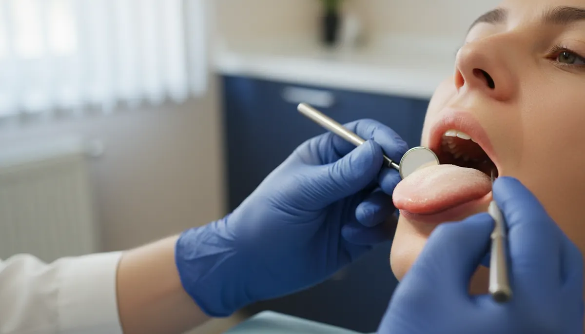 Medic stomatolog examinează limba unei paciente cu oglinda dentară, imagine ilustrativă pentru examenul clinic