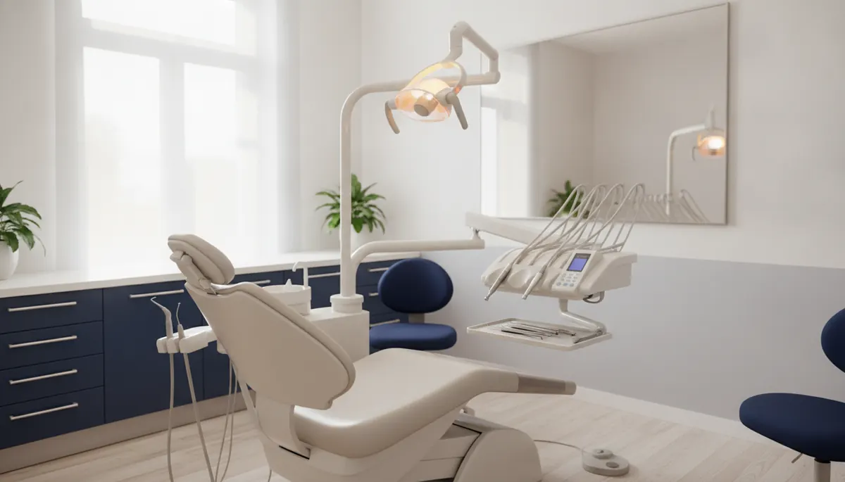 Cabinet stomatologic modern din Iași pregătit pentru evaluarea unei limbi mărite (macroglosie), cu instrumentar pe unitul dentar