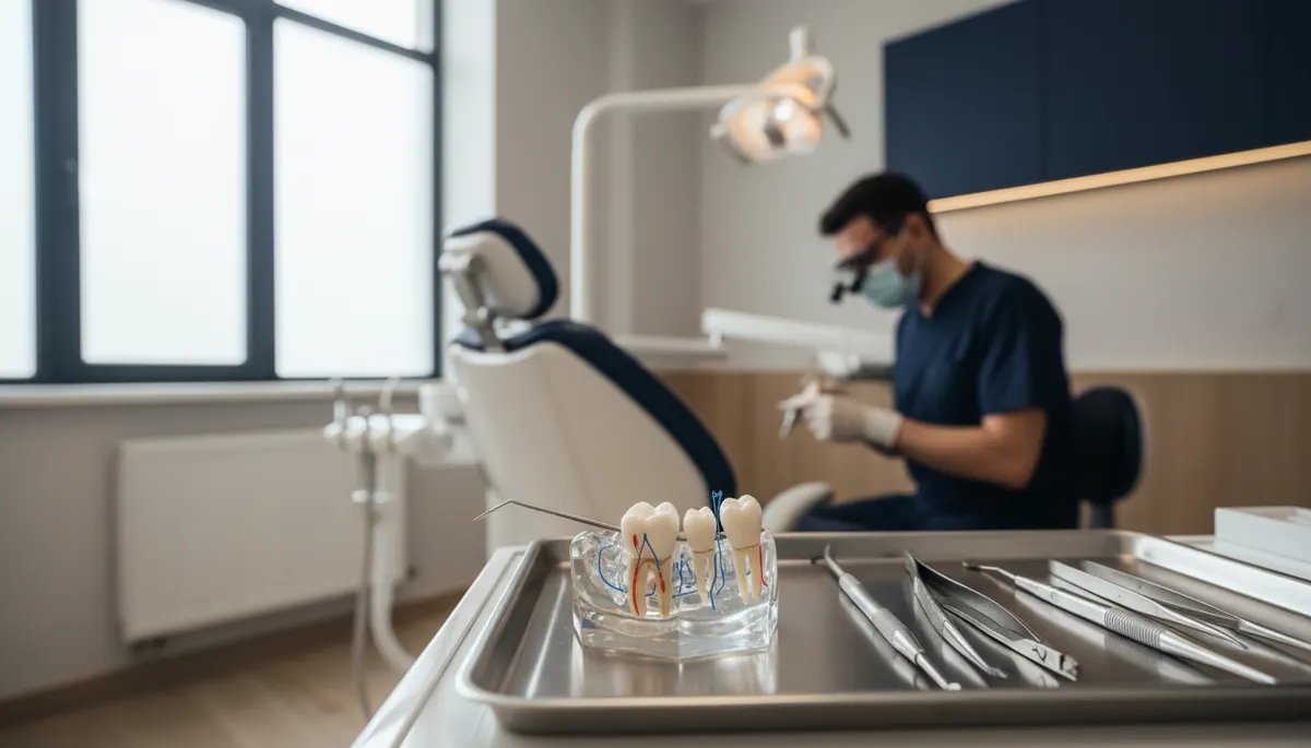 Radiografie panoramică ce arată o măsea de minte inclusă înclinată spre molarul vecin 