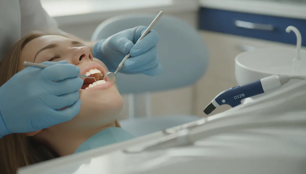 Detaliu clinic al examinarii smaltului dentar cu pete albe 