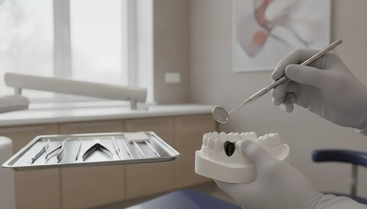 Dentist care examinează cu oglinda dentară un model de arcadă dentară pe care un dinte are cavitatea deschisă, rămasă fără plombă