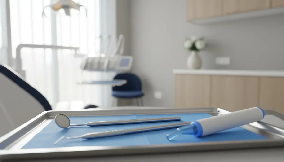 Tavă stomatologică cu oglindă, sondă și aplicator pentru materialul de obturație, pregătită pentru refacerea unei plombe