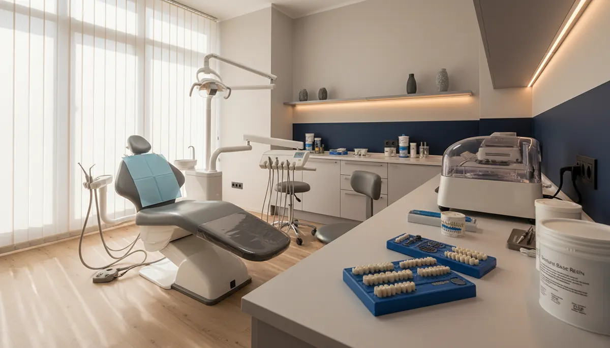 Proteză dentară mobilă acrilică totală așezată pe un model dentar, cabinet 