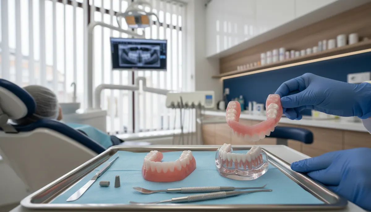Detaliu al unei proteze acrilice parțiale cu croșete metalice pe model dentar