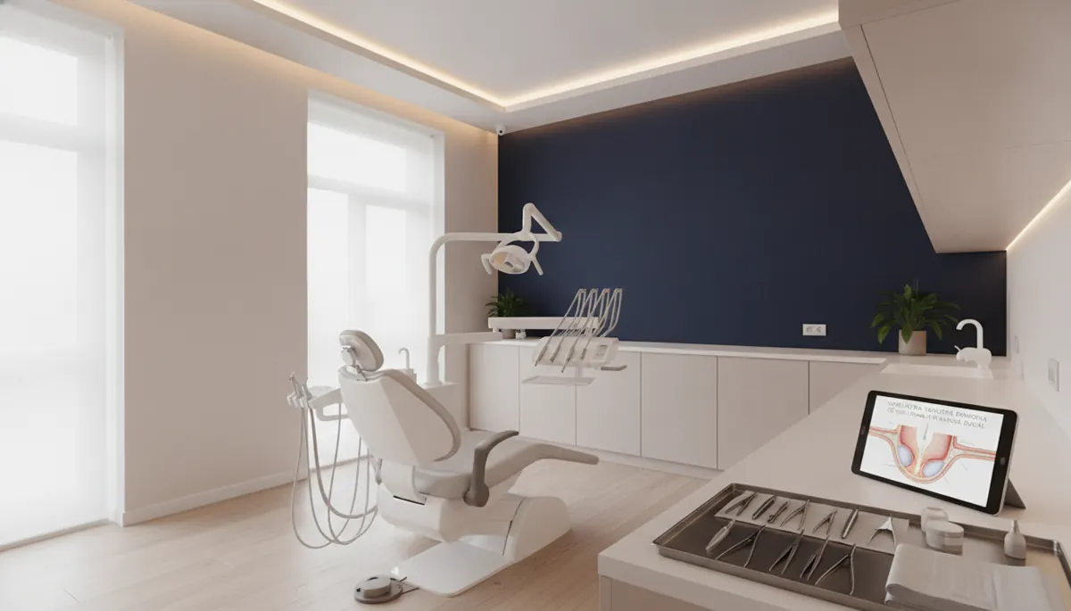 Cabinet stomatologic modern pregătit pentru evaluarea unei umflături salivare de pe podeaua gurii