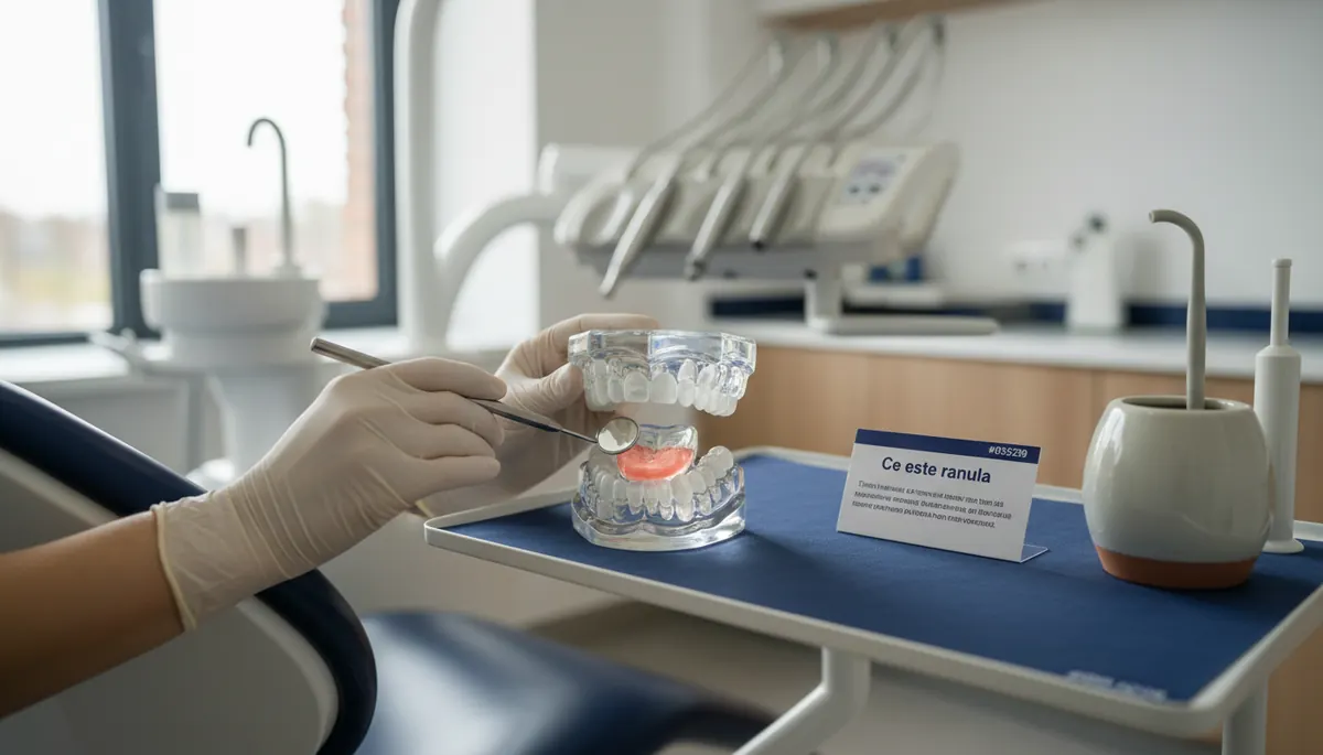 Detaliu clinic care ilustrează ranula, un chist cu salivă moale și albăstrui apărut sub limbă