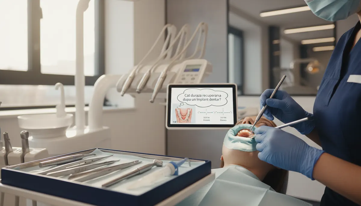 Model de implant dentar integrat în os, ilustrând etapele de osteointegrare