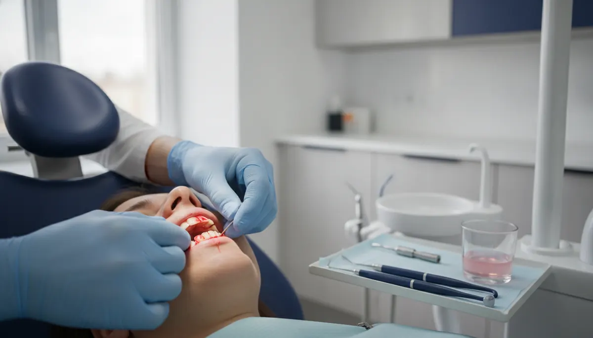 Periuță de dinți cu fir de ață dentară și model al gingiei, pentru a arăta tehnica corectă de curățare care oprește sângerarea gingivală
