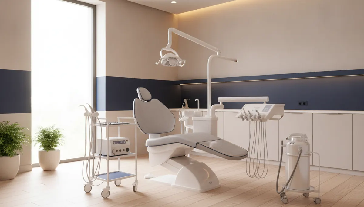 Cabinet stomatologic modern din Iași pregătit pentru evaluarea salivației excesive, cu lumină naturală și instrumentar pe unitul dentar