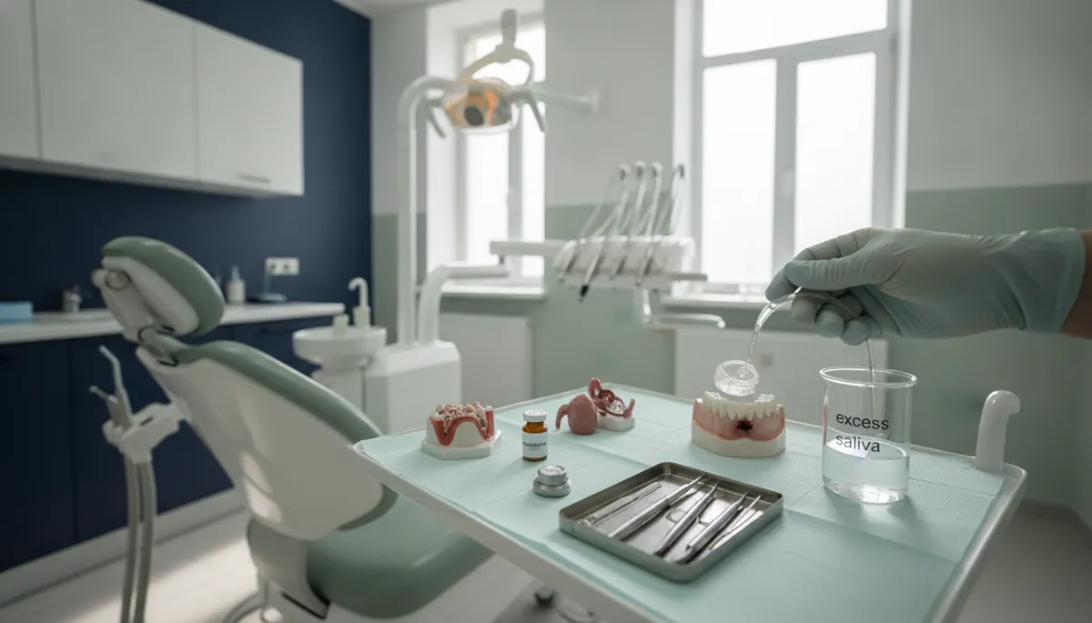 Detaliu clinic dintr-un cabinet stomatologic care ilustrează evaluarea cauzelor salivației excesive, fără chipul pacientului, la Anghele Dental Iași