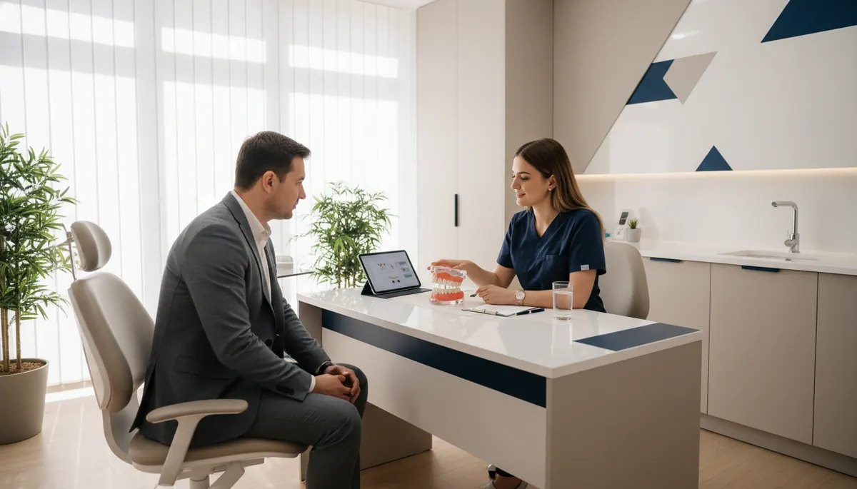 Medic stomatolog la cabinet explicand parintelui procedura de sigilare dentara