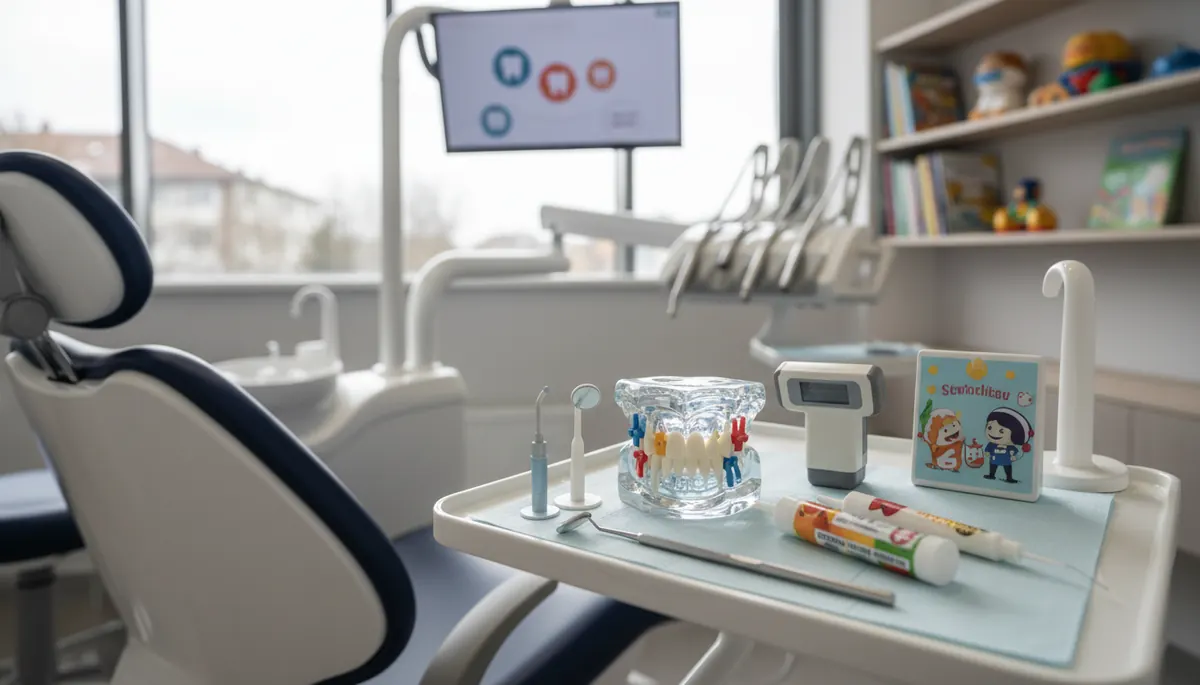 Medic pedodont examinând dinții de lapte ai unui copil la prima vizită la dentist